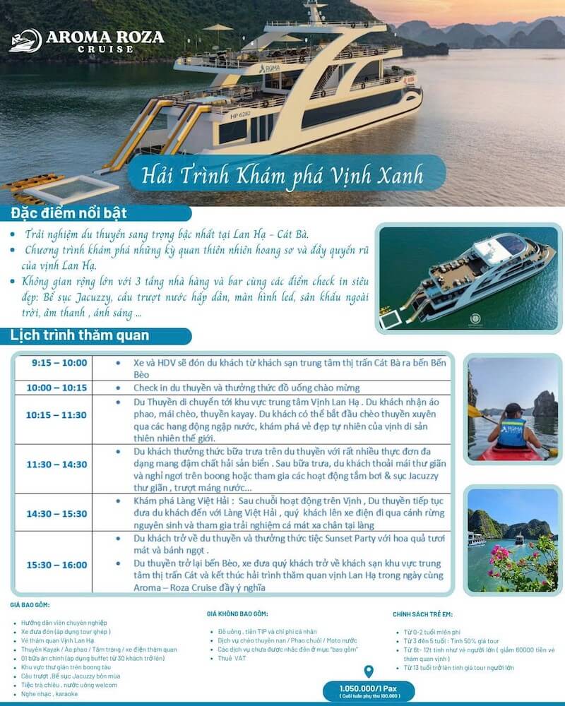 lịch trình du thuyền Aroma Roza 1 ngày