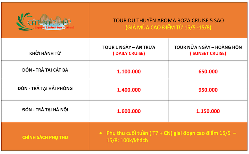 giá du thuyền Aroma Roza cruise mùa cao điểm