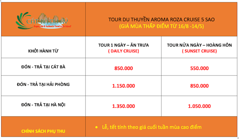 giá du thuyền Aroma Roza cruise mùa thấp điểm