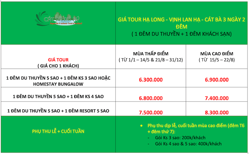 Giá tour Hạ Long - Cát Bà 3 ngày 2 đêm