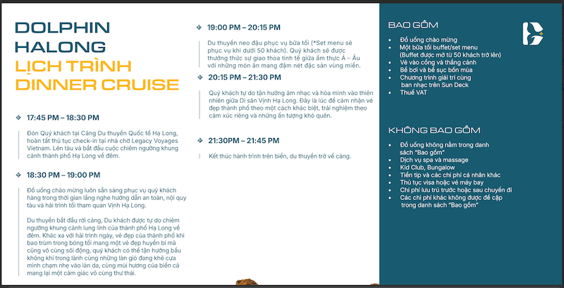 Lịch trình tour ăn tối du thuyền Dolphin Hạ Long 