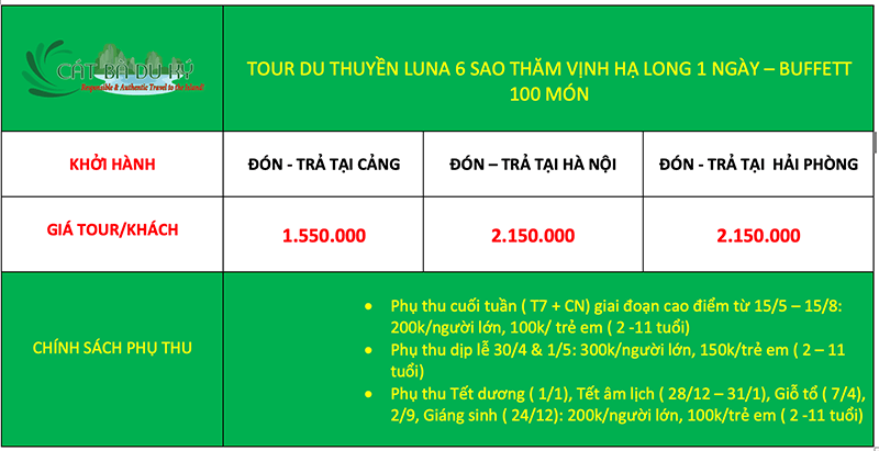 Bảng giá tour du thuyền Luna 6 sao