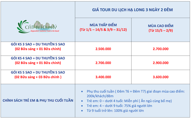 Giá tour du lịch Hạ Long 3 ngày 2 đêm