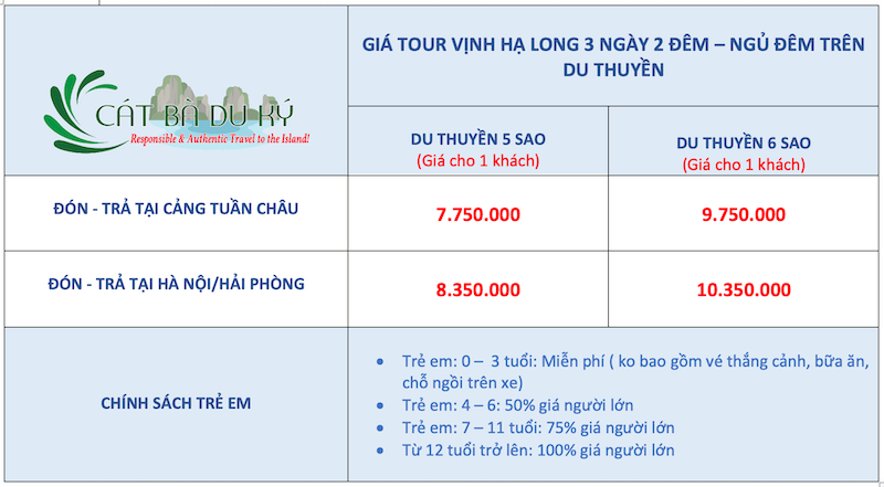 Giá tour ngủ đêm 3N2Đ trên du thuyền Hạ Long