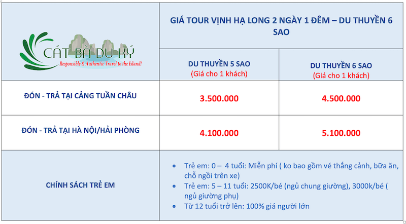 Giá tour vịnh Hạ Long 2 ngày 1 đêm du thuyền 6 sao