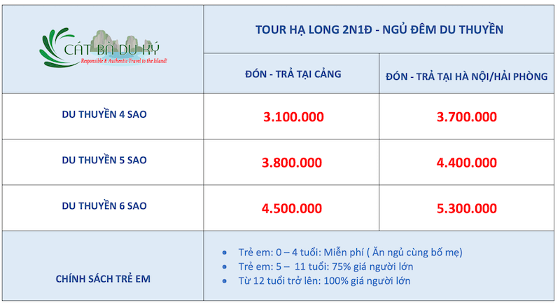 Giá tour Hạ Long 2N1Đ - ngủ du thuyền