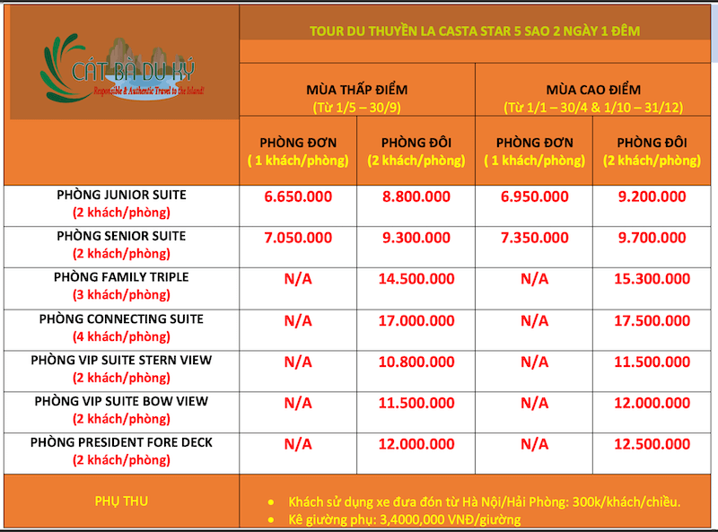 Giá du thuyền La Casta star 5 sao 2 ngày 1 đêm