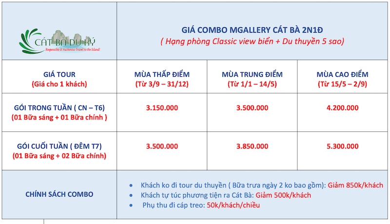 Giá combo Mgallery Cát Bà 2 ngày 1 đêm
