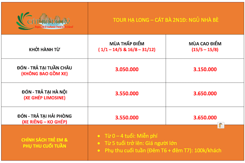 Giá tour Hạ Long Cát Bà 2 ngày 1 đêm ngủ nhà bè