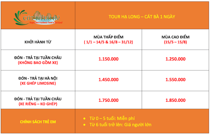 Giá tour Hạ Long - Cát Bà 1 ngày