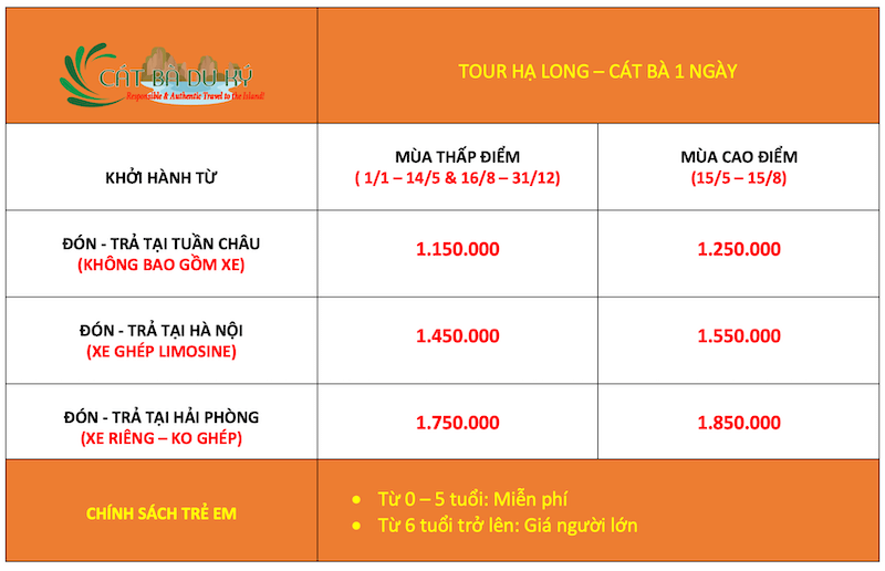 Giá tour Hạ Long - Cát Bà 1 ngày