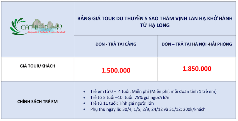 Giá tour du thuyền 5 sao vịnh Lan Hạ khởi hành từ Hạ Long