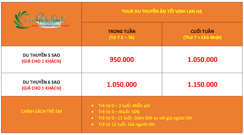 Giá tour du thuyền ăn tối vịnh Lan Hạ