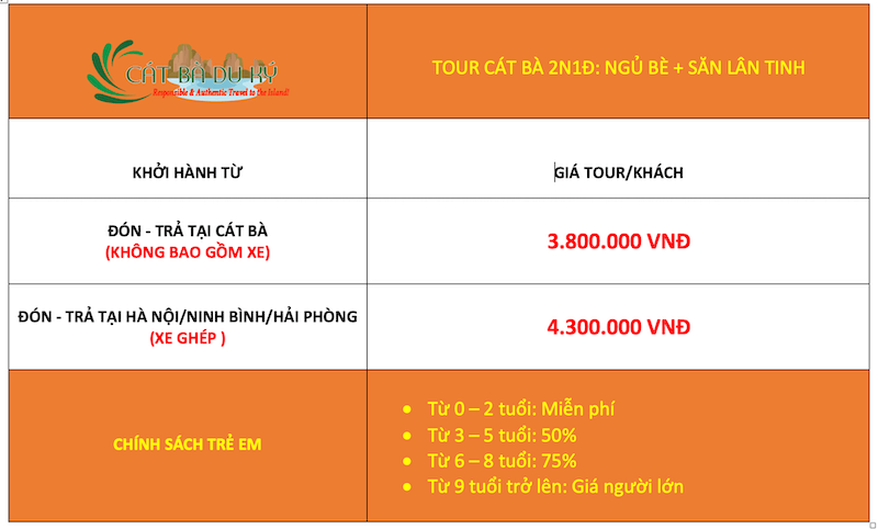 Giá tour Cát Bà 2N1Đ - ngủ bè + săn lân tinh