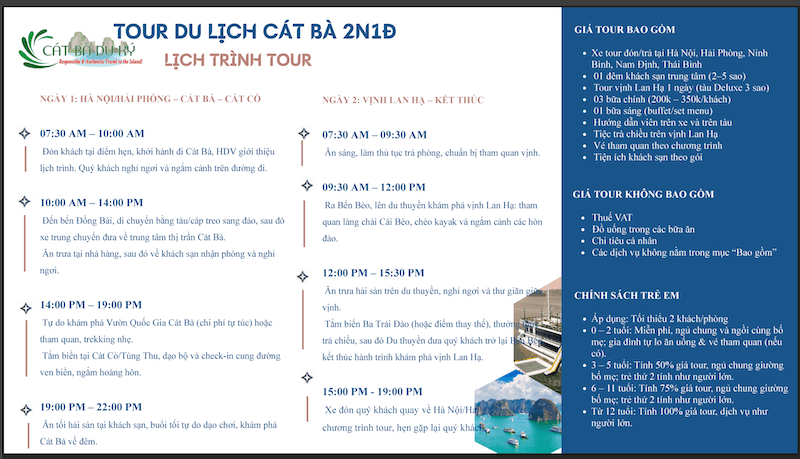 Lịch trình tổng quan tour Cát Bà 2 ngày 1 đêm