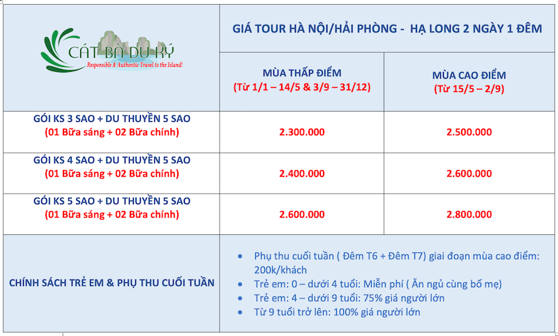 Giá tour Hạ Long 2 ngày 1 đêm