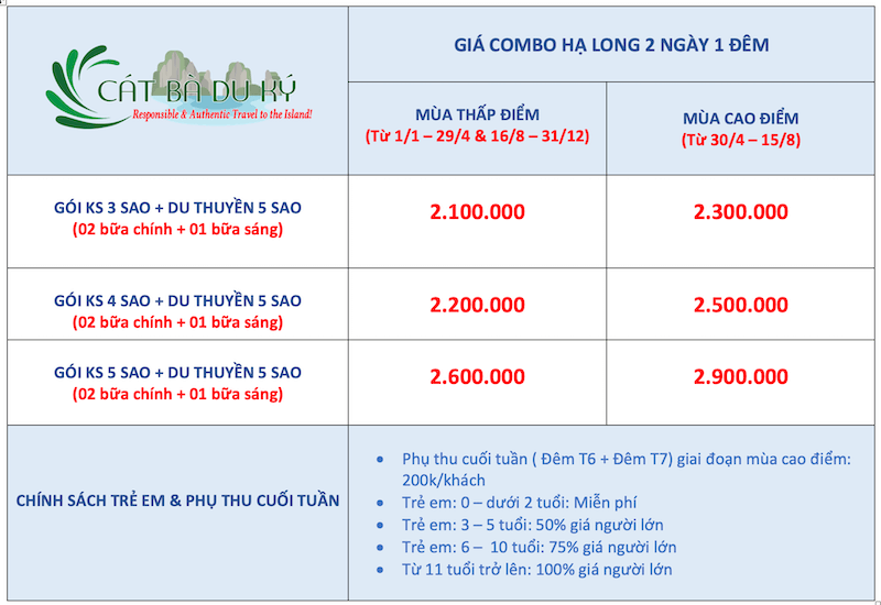 Giá tour combo Hạ Long 2 ngày 1 đêm