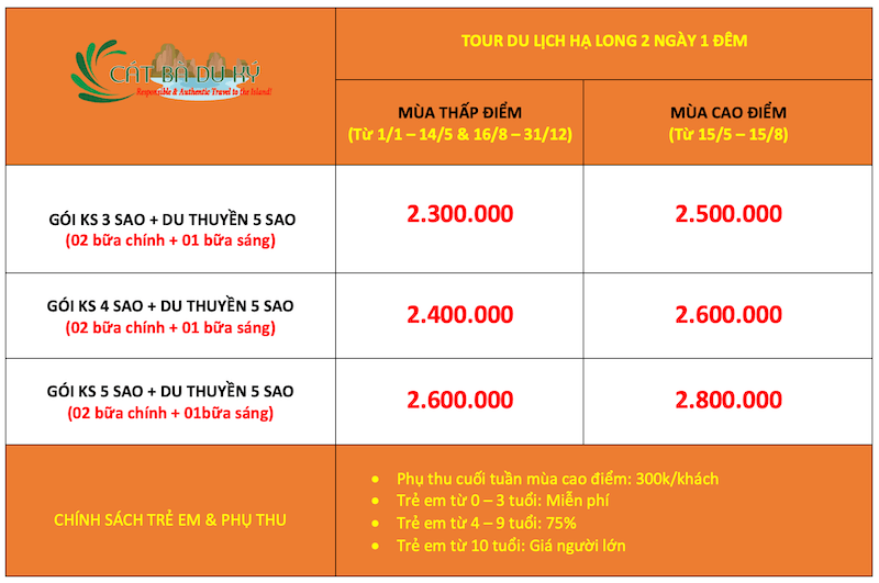 Giá tour du lịch Hạ Long 2 ngày 1 đêm