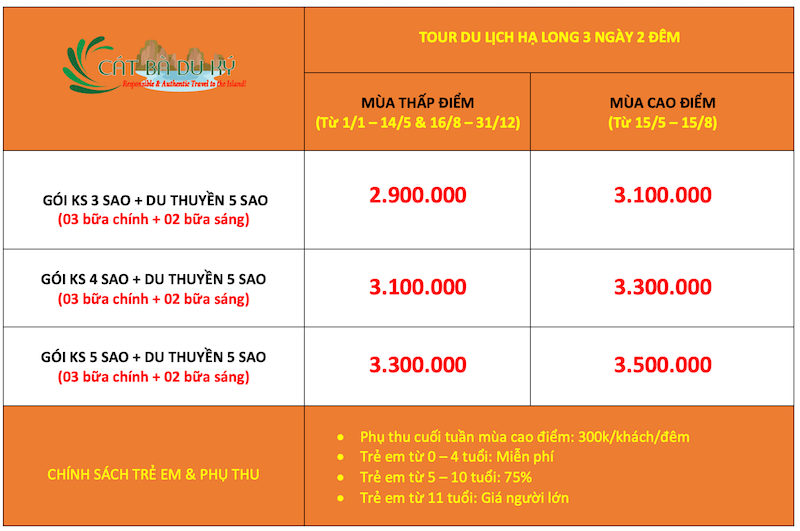 Giá tour du lịch Hạ Long 3 ngày 2 đêm