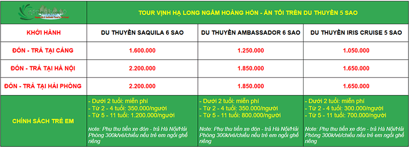 Bảng giá tour