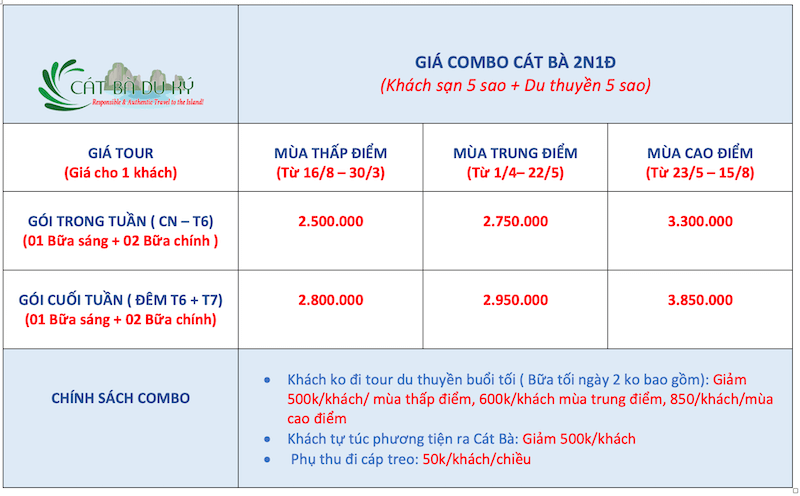 Giá combo Cát Bà 2 ngày 1 đêm khách sạn 5 sao