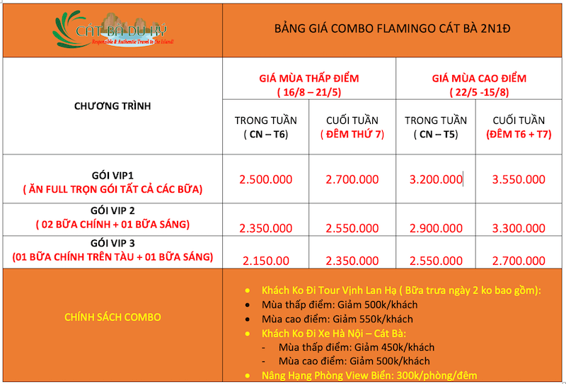 Giá combo Flamingo Cát Bà 2 ngày 1 đêm