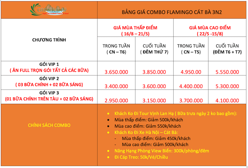 Giá combo Flamingo Cát Bà 3 ngày 2 đêm