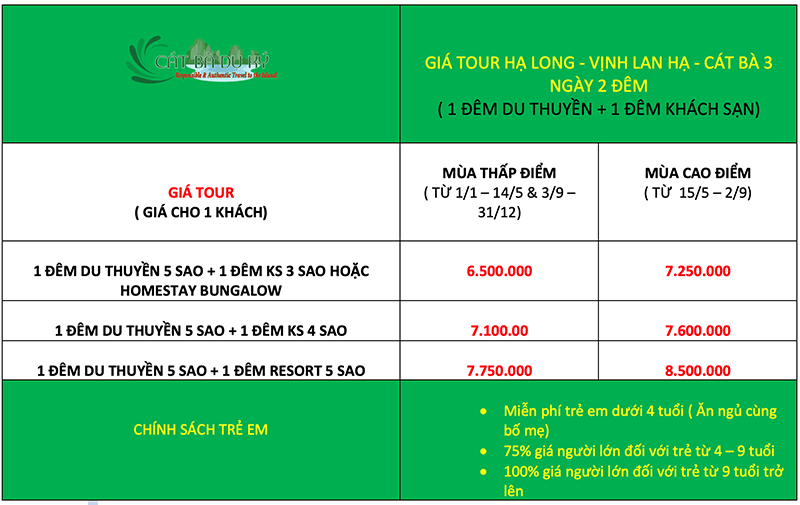 Giá tour Hạ Long - Cát Bà 3 ngày 2 đêm