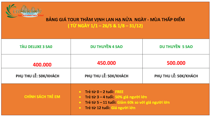 Giá tour vịnh Lan Hạ nửa ngày buổi chiều