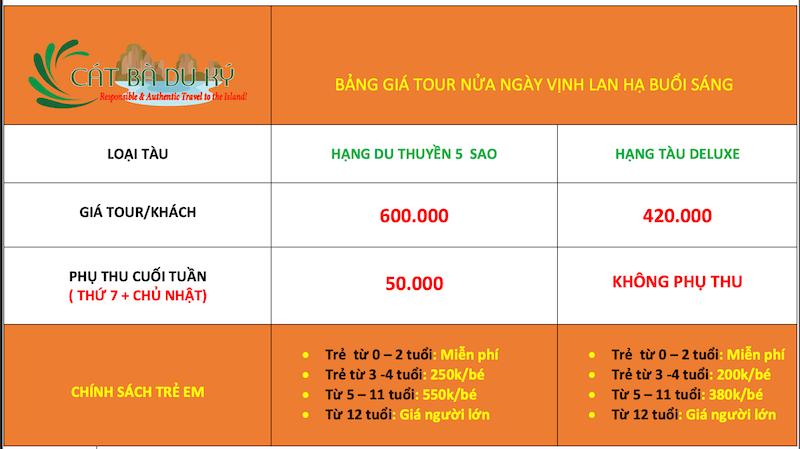 Giá tour vịnh Lan Hạ nửa ngày buổi sáng